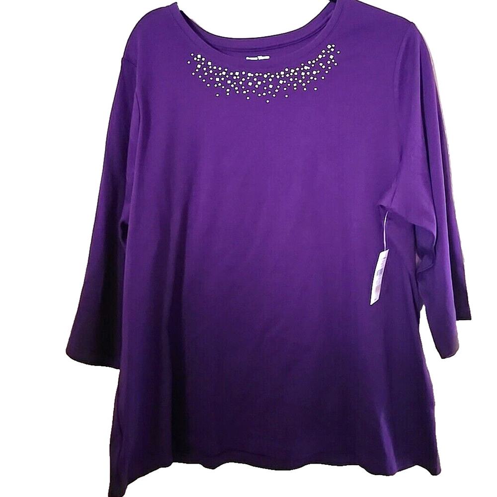 NWT Studio Works Purple Crew Neck Rhinestone 3/4 Sleeve Top Womans Size 2X